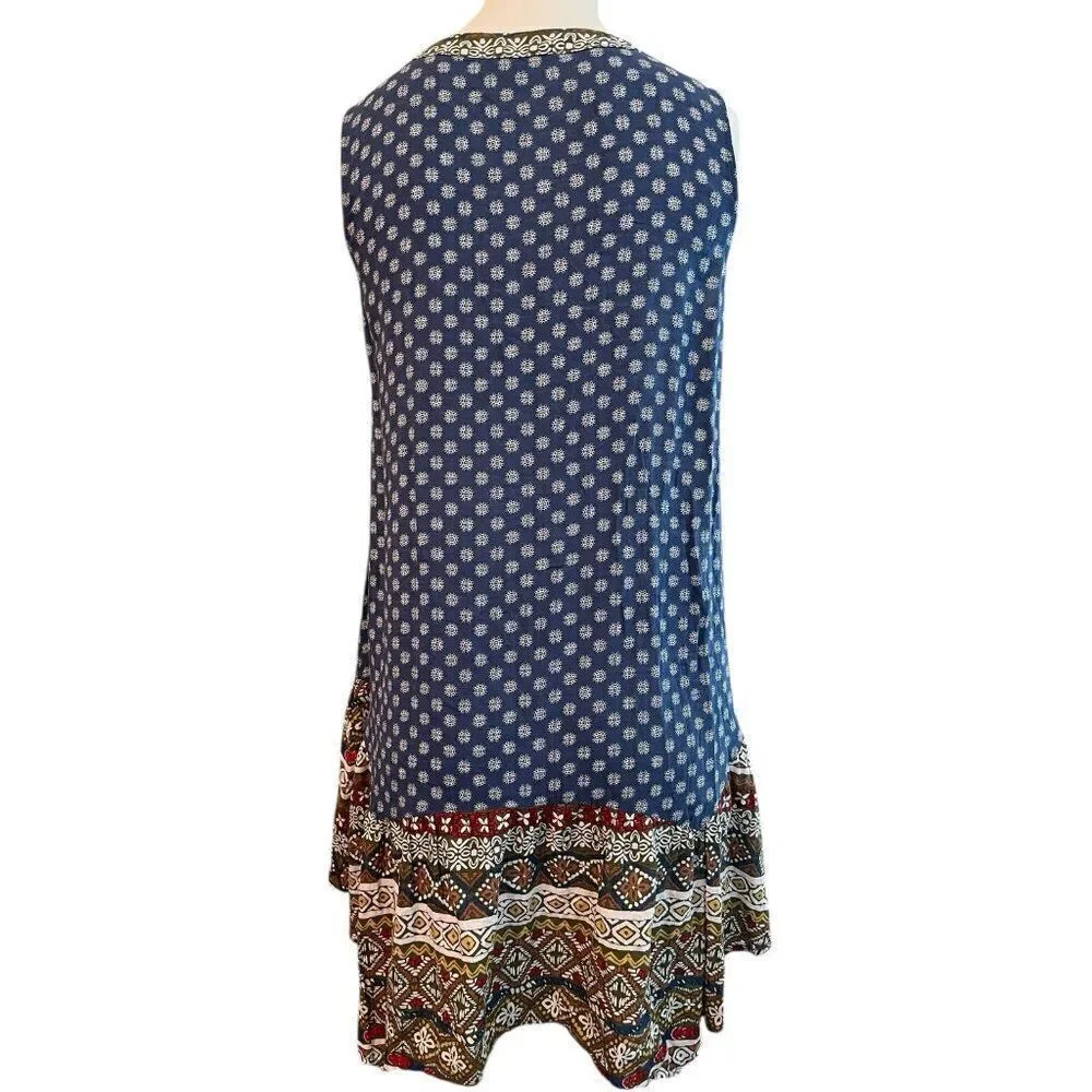 THML Small Shift Dress Sleeveless Tassel Floral Ruffles Boho Embroidery Sundress